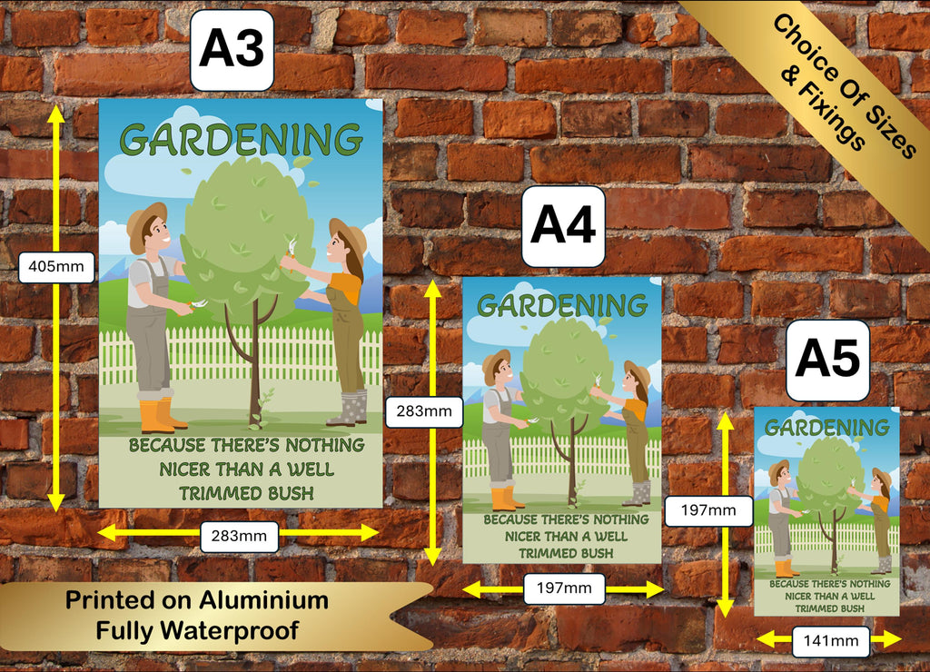 Funny Gardening Metal Poster: Trimmed Bush Art for Patio, Shed, Man Cave