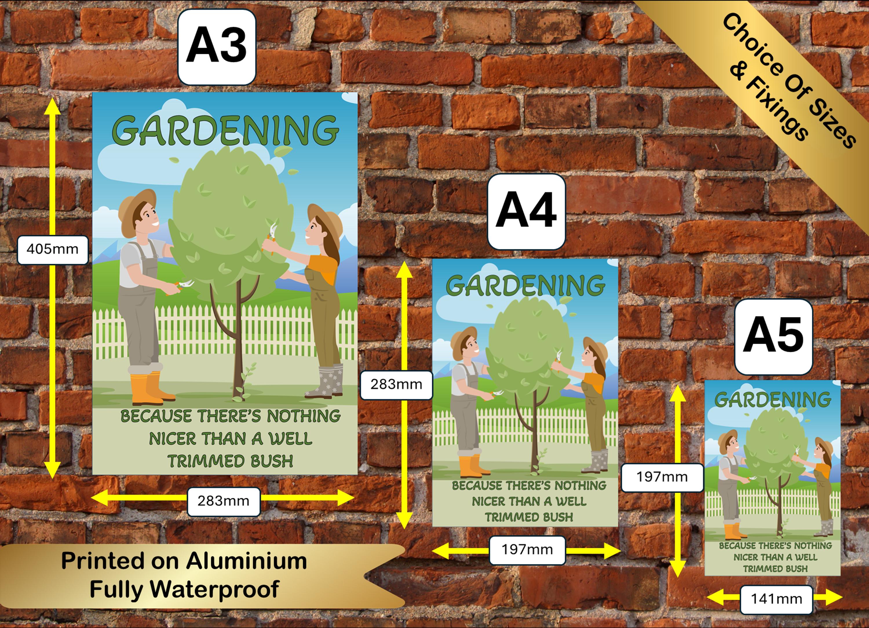Funny Gardening Metal Poster: Trimmed Bush Art for Patio, Shed, Man Cave