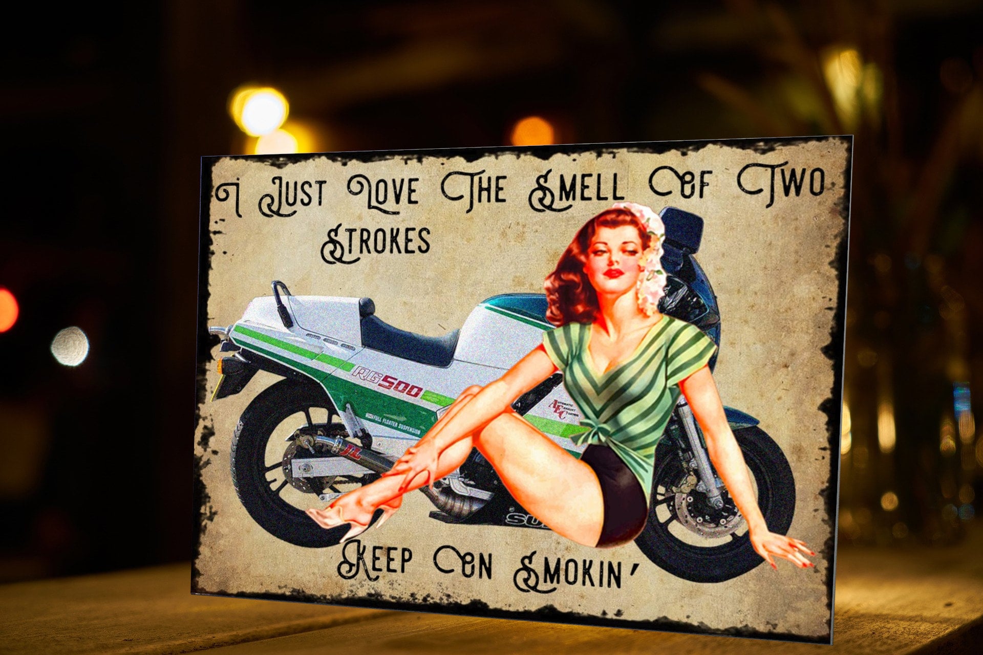 Pin-Up Girl Motorcycle Metal Sign: Retro Garage Art