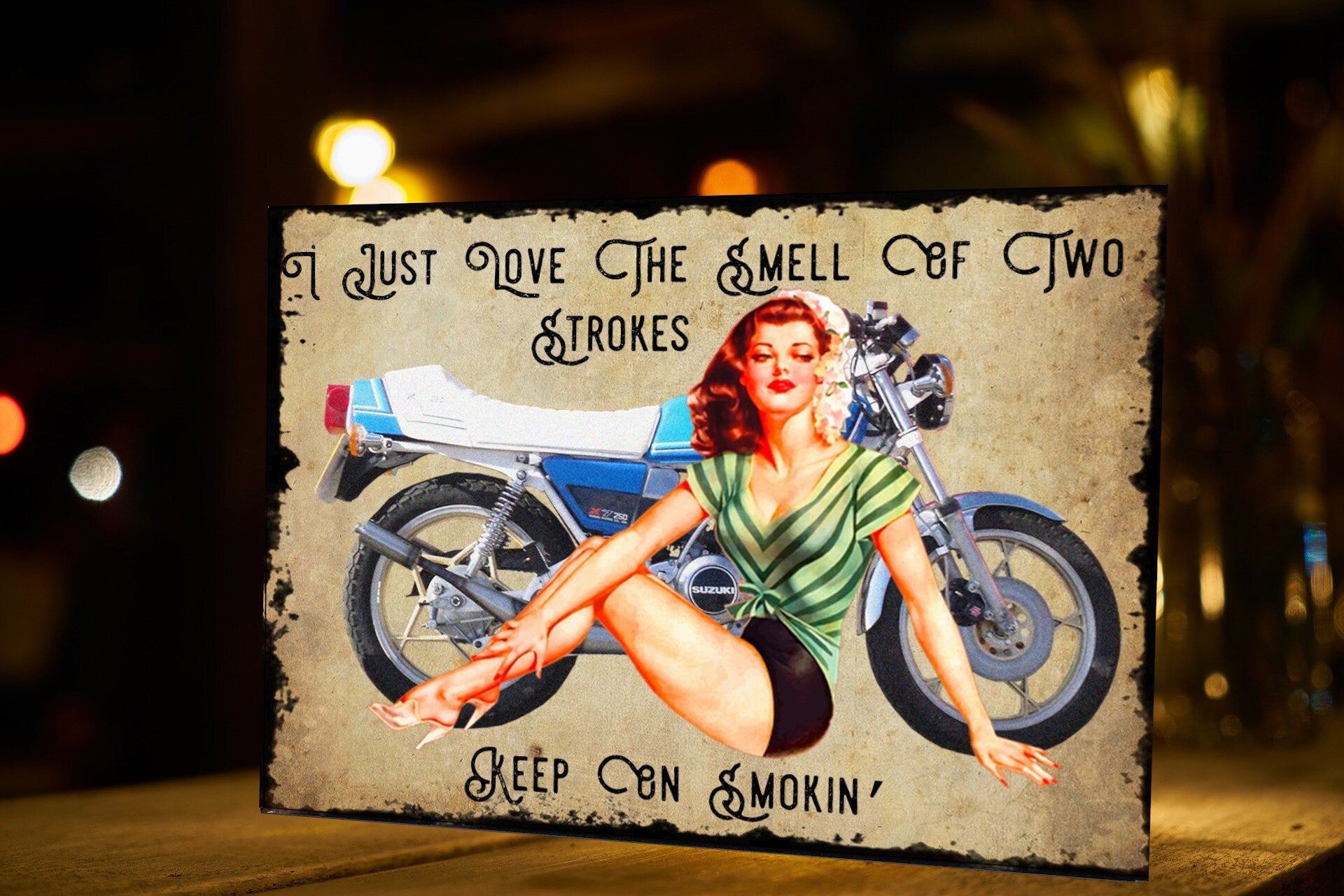 Pin-Up Girl Motorcycle Metal Sign: Retro Garage Art