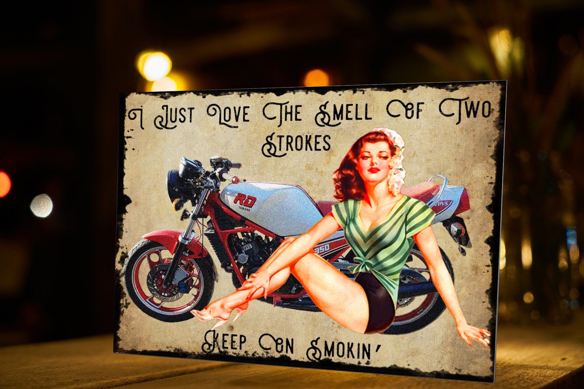 Pin-Up Girl Motorcycle Metal Sign: Retro Garage Art