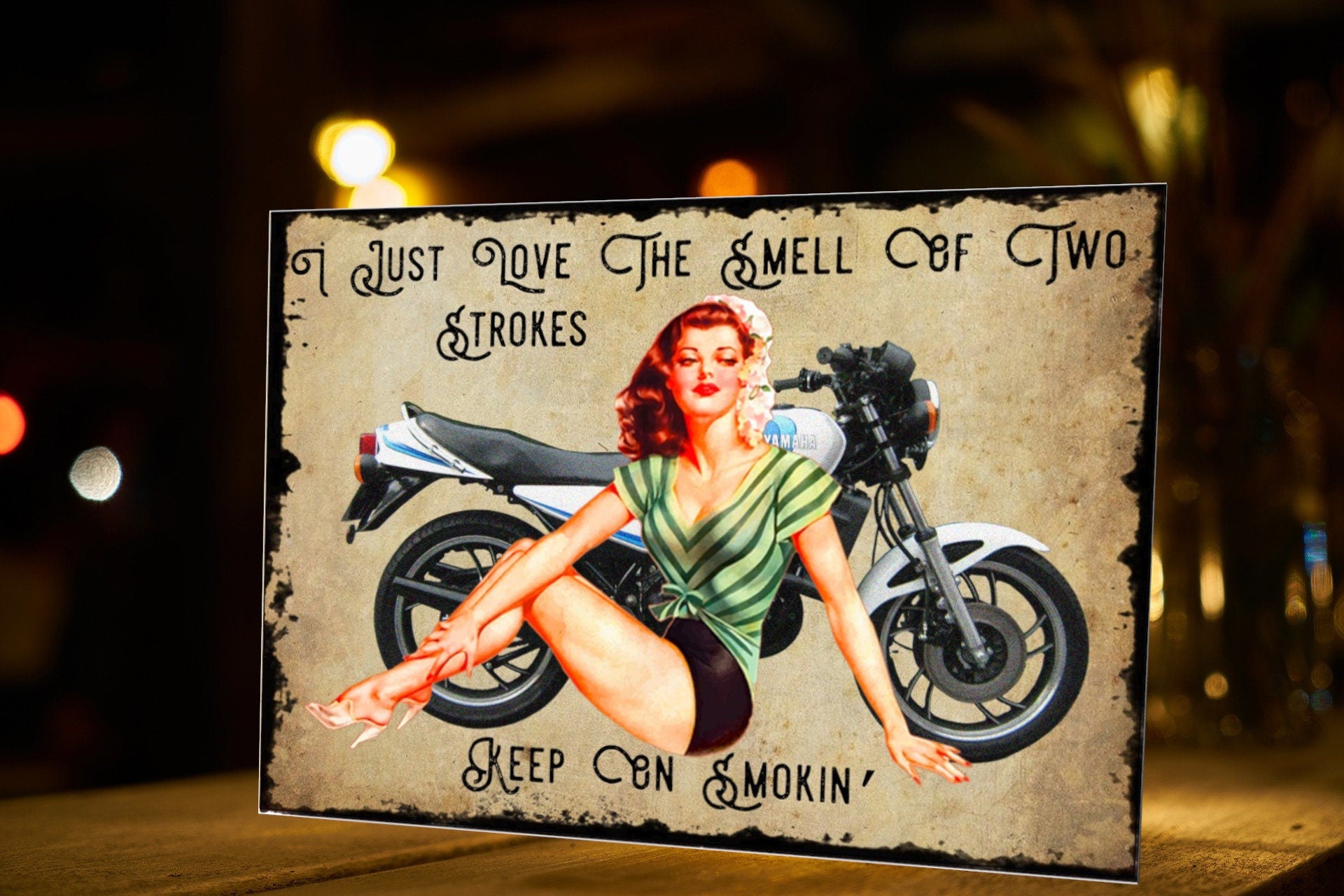 Pin-Up Girl Motorcycle Metal Sign: Retro Garage Art