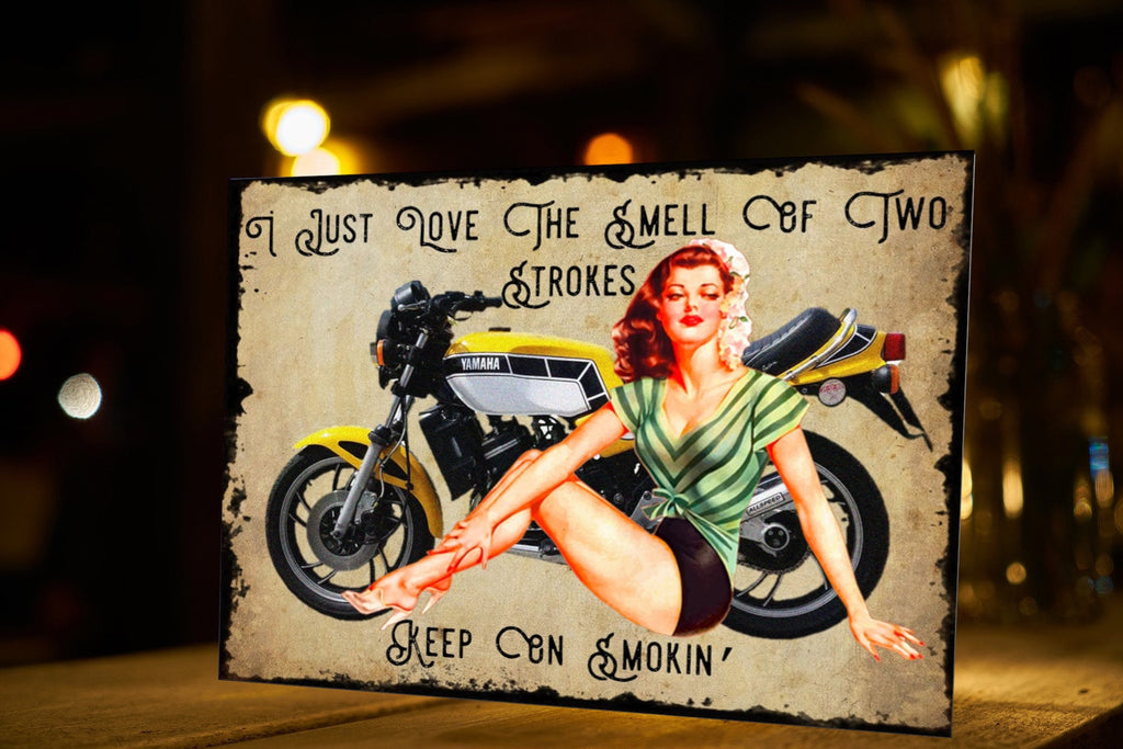 Pin-Up Girl Motorcycle Metal Sign: Retro Garage Art