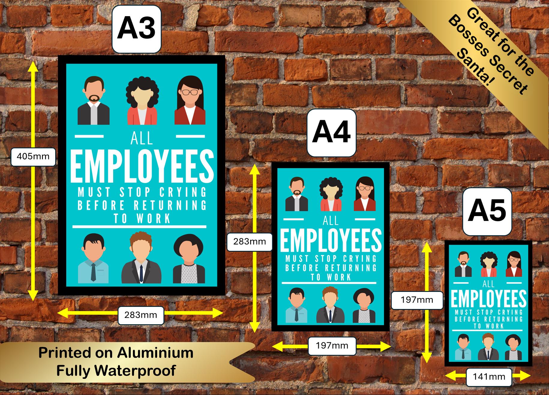 Funny 'Employees Must Stop Crying' Metal Sign: Office Decor
