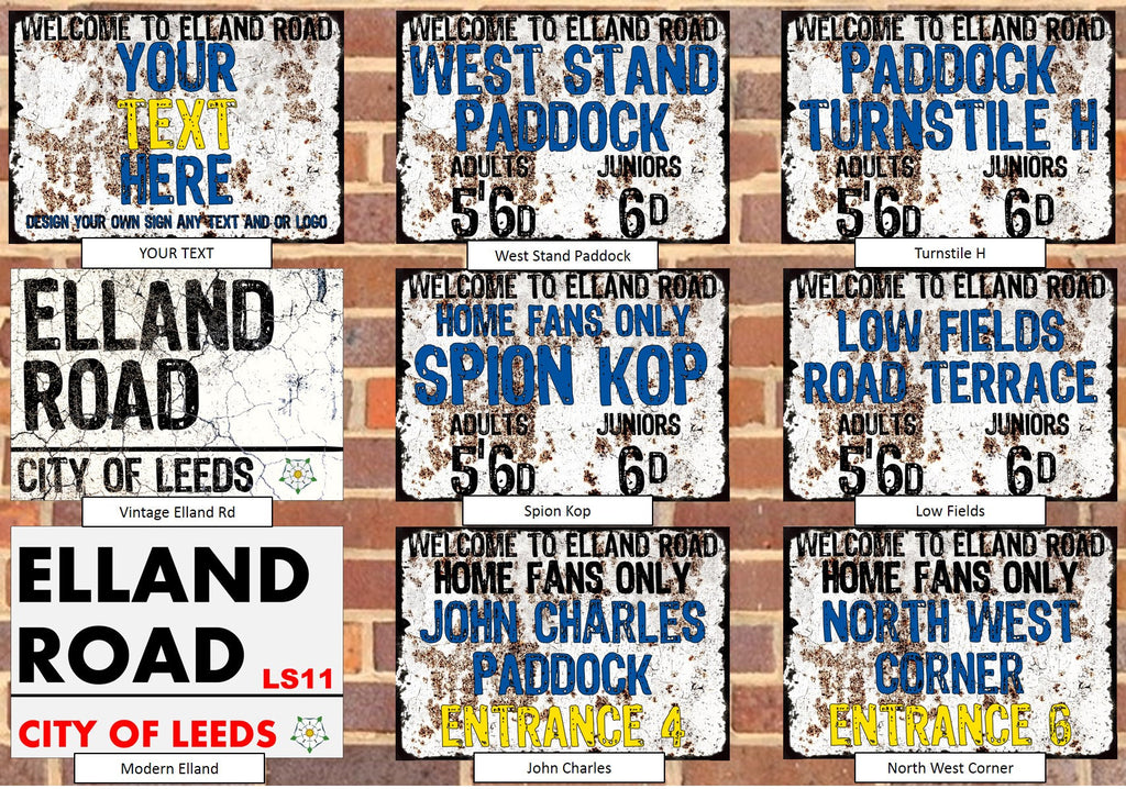 Leeds United Elland Road Retro Vintage Style Metal Sign LUFC The Peacocks Fully Editable