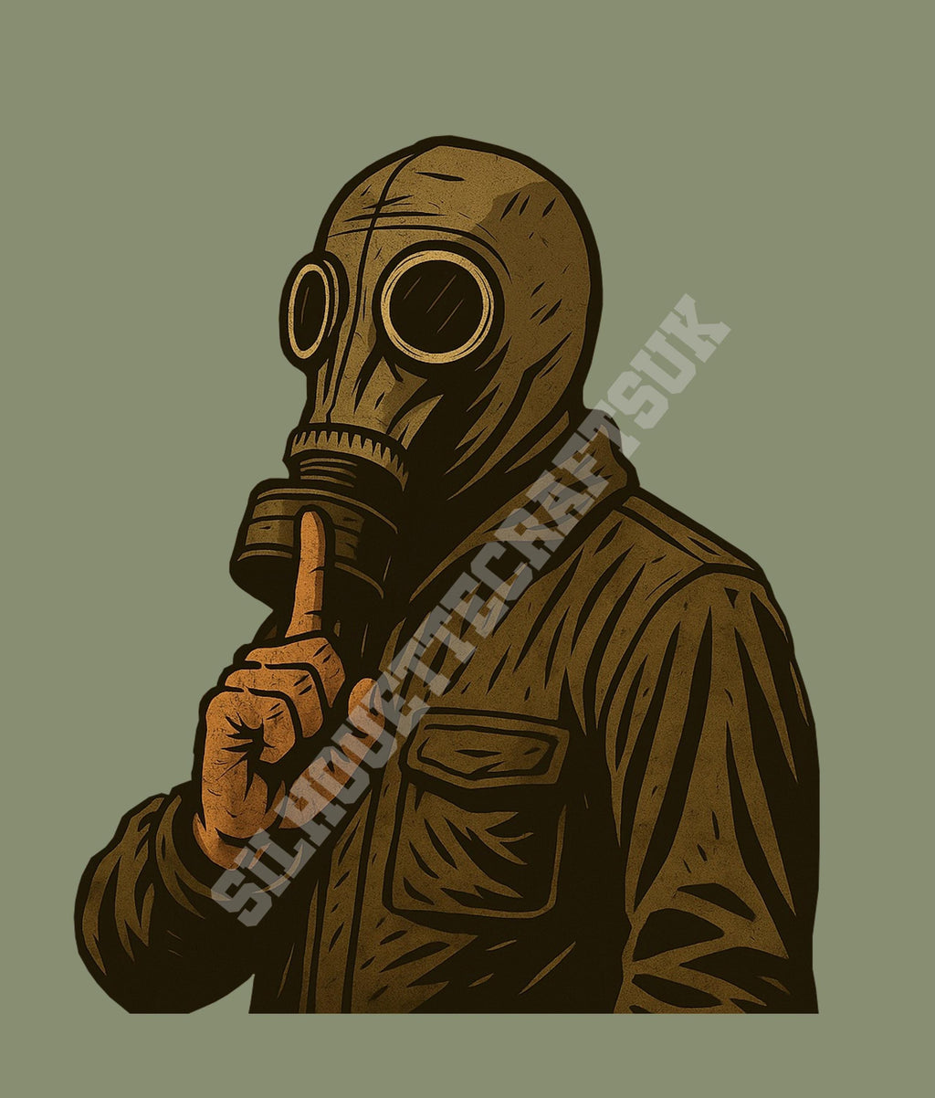 Shush! – Dead Man’s Shoes Gas Mask T‑Shirt | Cult Film Graphic Tee (5 Colours)