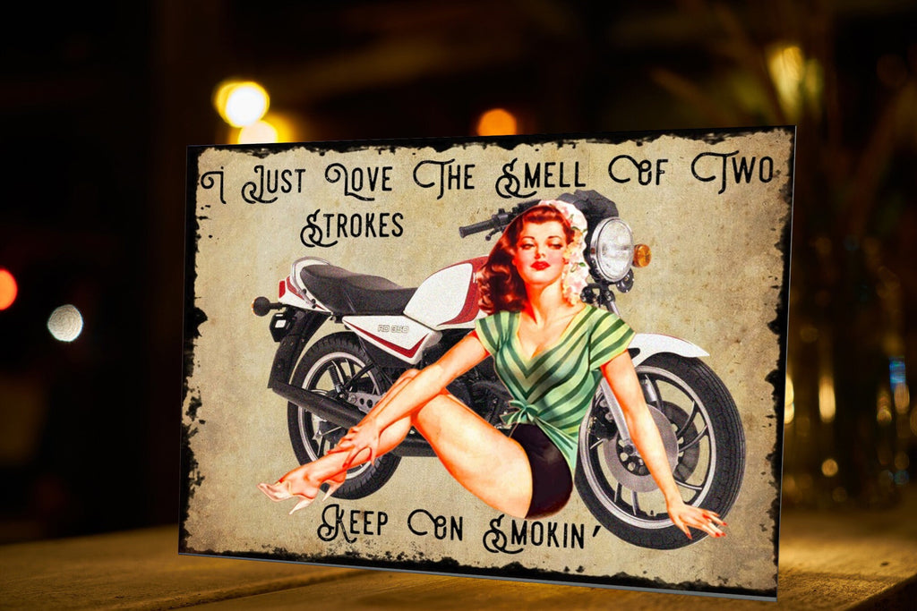 Pin-Up Girl Motorcycle Metal Sign: Retro Garage Art