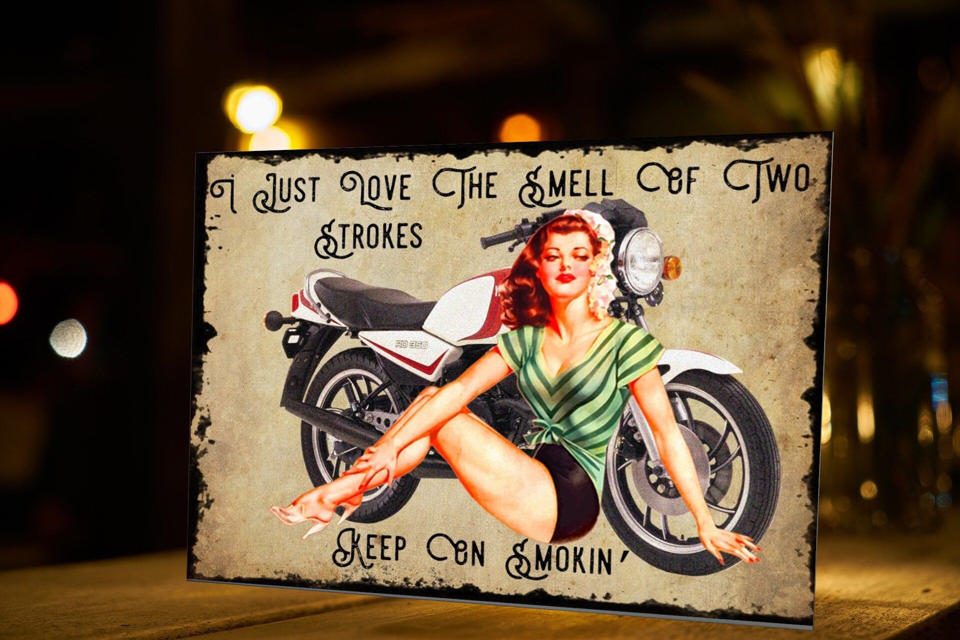 Pin-Up Girl Motorcycle Metal Sign: Retro Garage Art