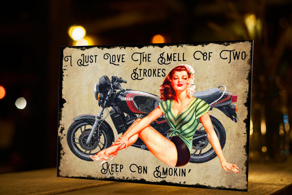 Pin-Up Girl Motorcycle Metal Sign: Retro Garage Art