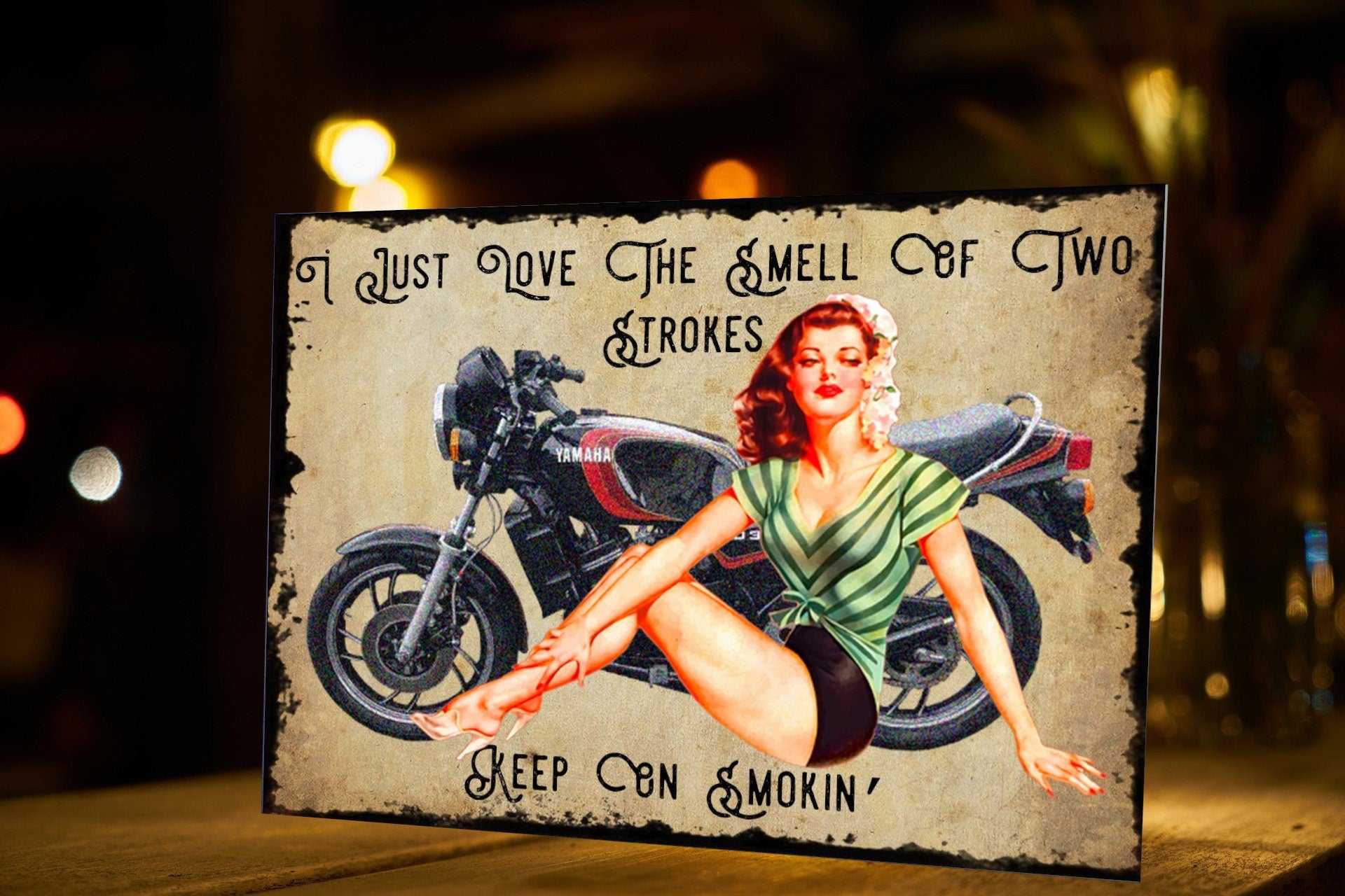 Pin-Up Girl Motorcycle Metal Sign: Retro Garage Art