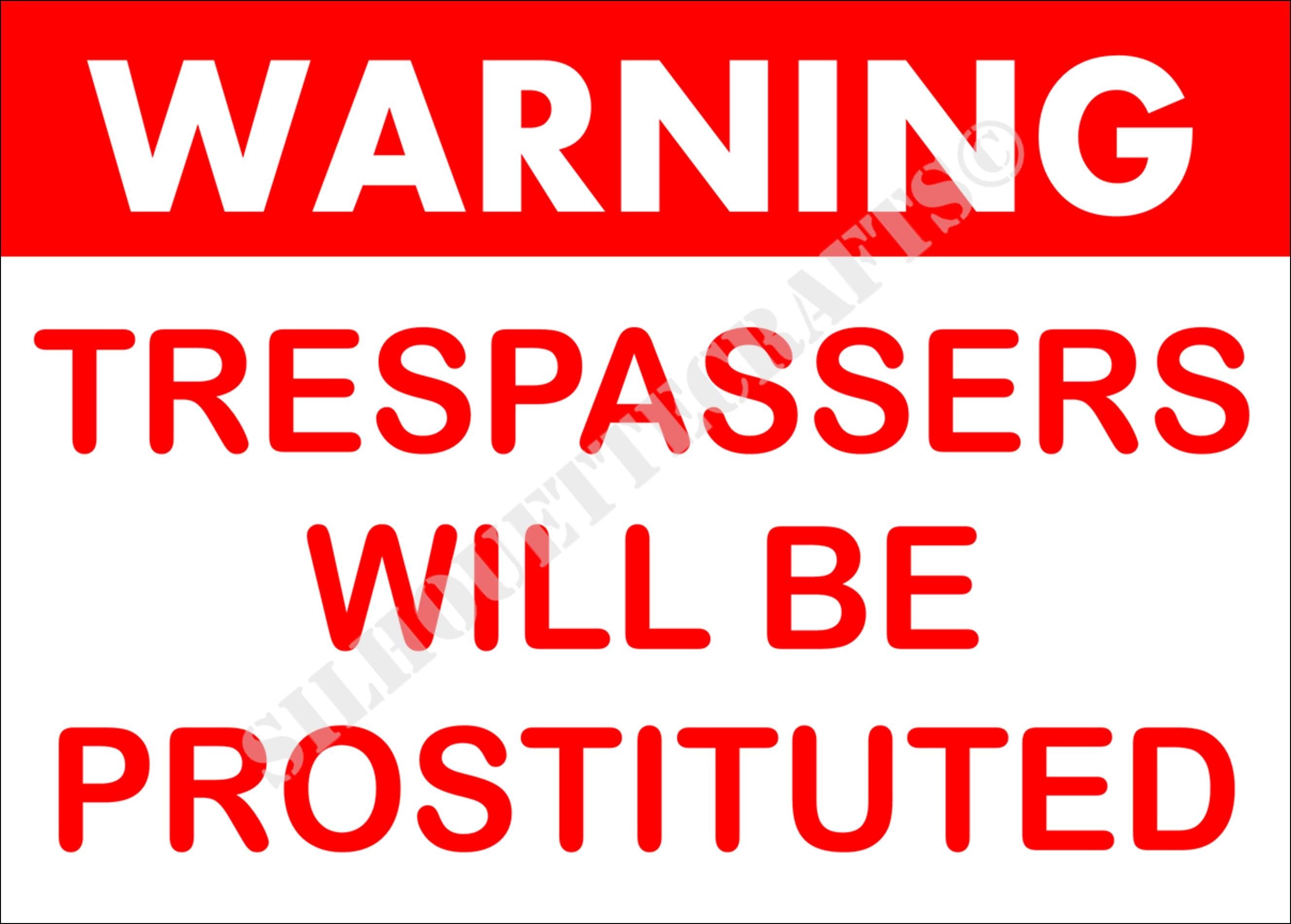 Funny Metal Sign, "Trespassers Will Be Prostituted" Great for Garage, Shed, Bar or Man Cave