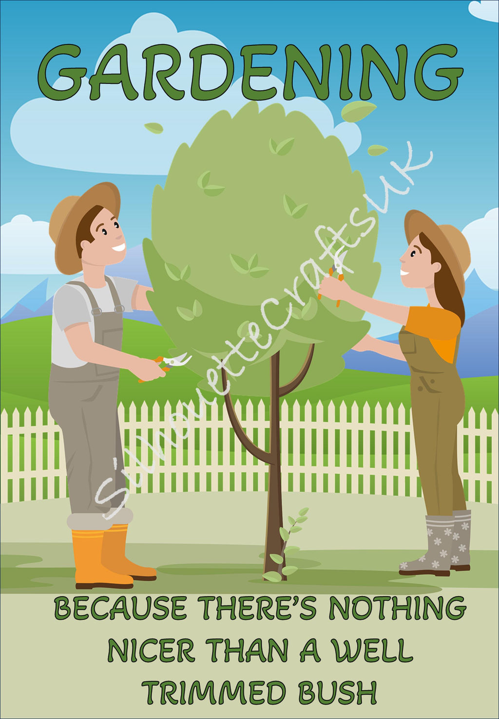 Funny Gardening Metal Poster: Trimmed Bush Art for Patio, Shed, Man Cave